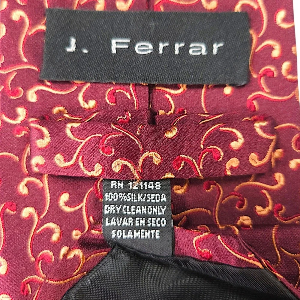J Ferrar Silk Jacquard Necktie Abstract Scroll Burgundy Gold Red Classic Wide OS